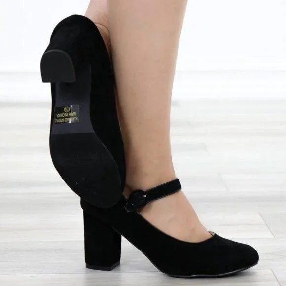 Black Mary Jane Shoes Faux Suede Buckle Strap Chunky Block Heel - Picture 7 of 13